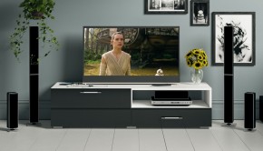 Тумба под ТВ Ларго 1,4, цвет корпус белый/фасады МДФ чёрный глянец, ШхГхВ 140х46х35 см., НЕ универсальная сборка в Нефтекамске - neftekamsk.mebel24.online | фото 12